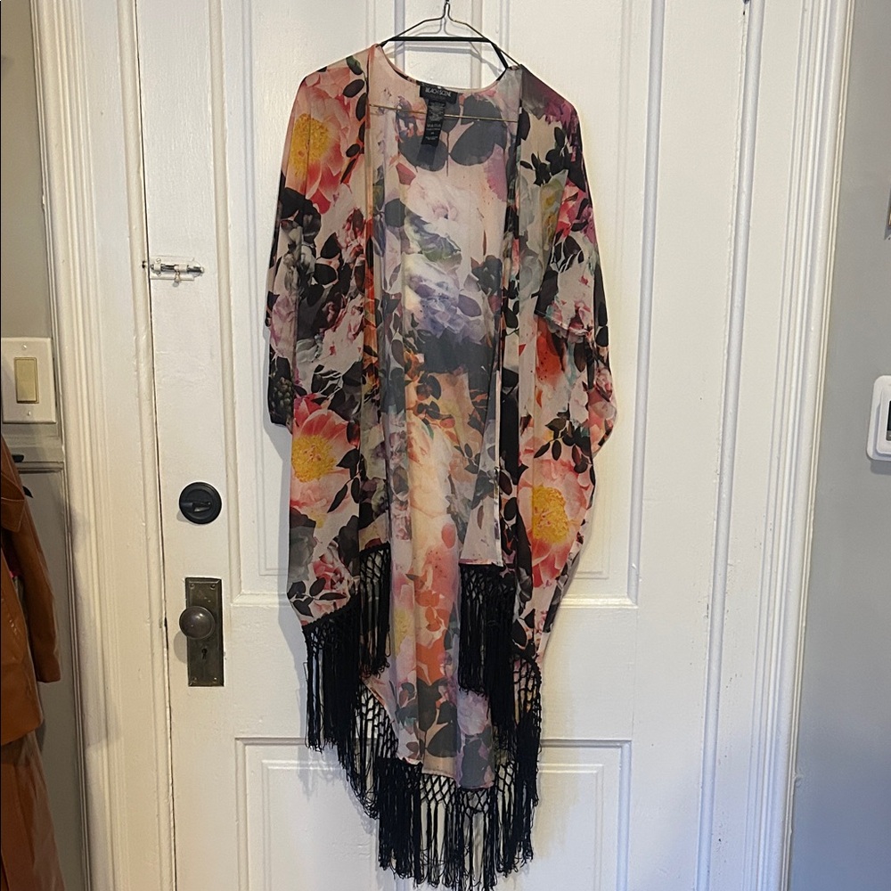 Floral Fringe Swim Coverup Kimono in Multi-Color